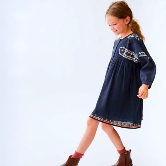 Zara Kids 11/12 Navy Blue Multicolor Boho Embroidered Detail Long Sleeve Dress - Picture 1 of 9